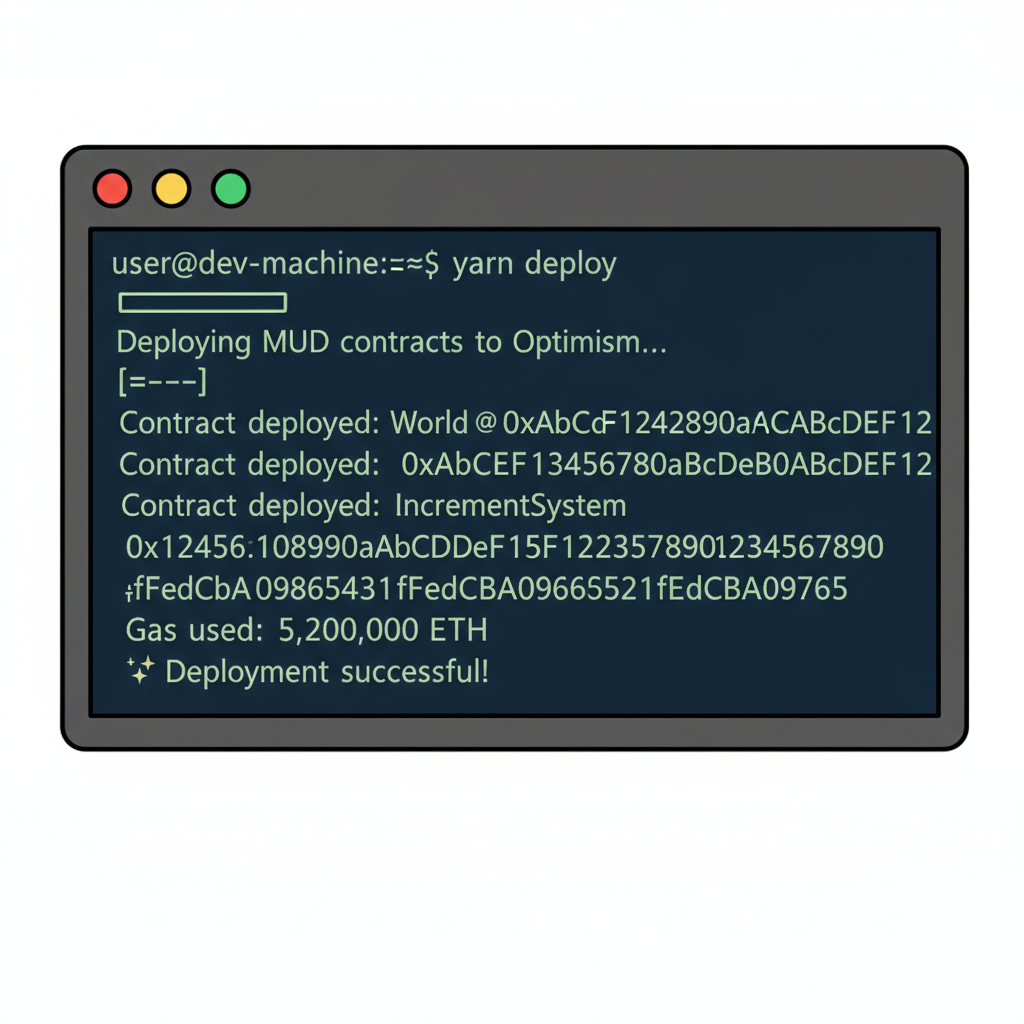 terminal window showing yarn deploy command output with successful MUD contract deployment addresses and gas used on Optimism