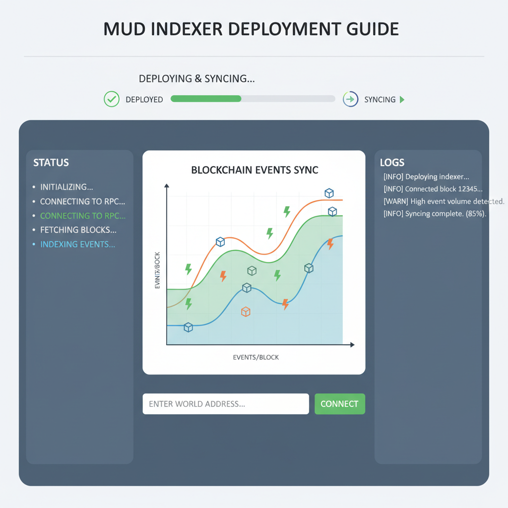 dashboard screenshot of MUD indexer deploying and syncing with blockchain events graph and World address input