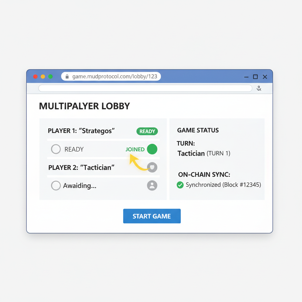 browser screenshot of MUD turn-based tactics game multiplayer lobby with two players joined, turn indicators, and on-chain sync status