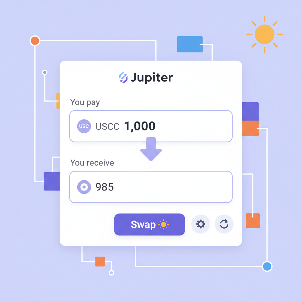 Jupiter DEX swap interface buying ONyc with USDC, Solana theme