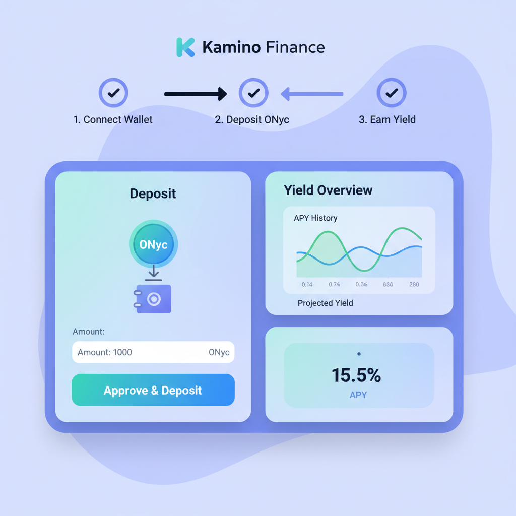 Kamino finance dashboard depositing ONyc, yield graphs