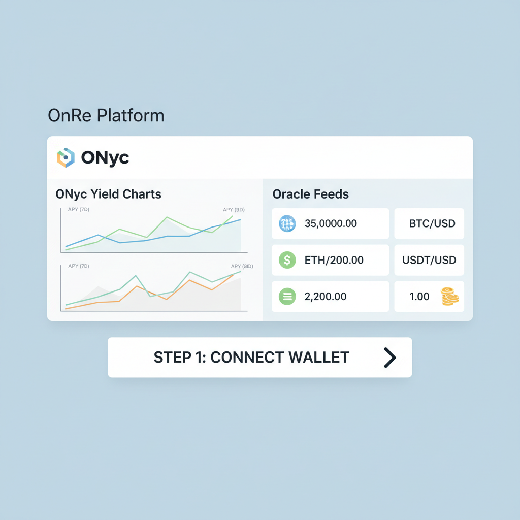 OnRe dashboard with ONyc yield charts, oracle feeds