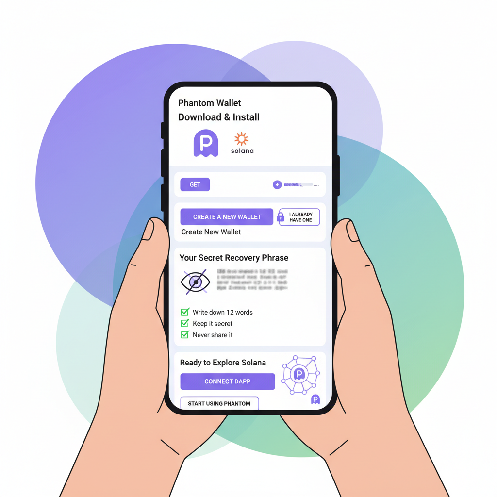 illustration of Phantom wallet setup on phone, Solana logo, clean UI
