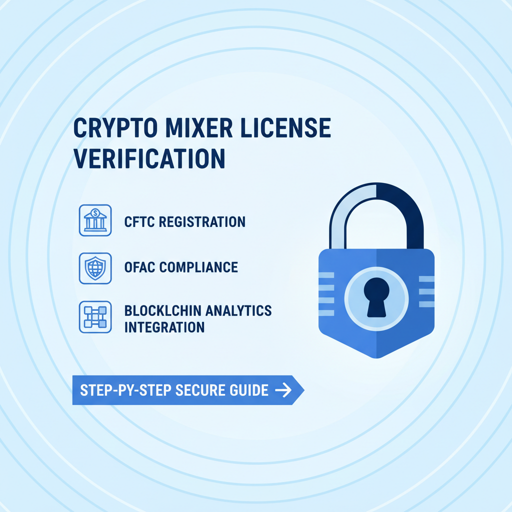 professional checklist verifying crypto mixer CFTC OFAC license, blockchain icons, secure padlock, clean blue tones