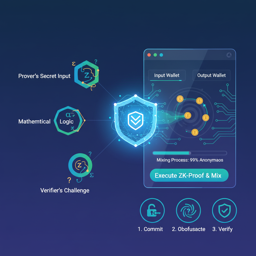 zero-knowledge proof diagram with crypto mixer interface, abstract math proofs, glowing privacy shield, futuristic tech style