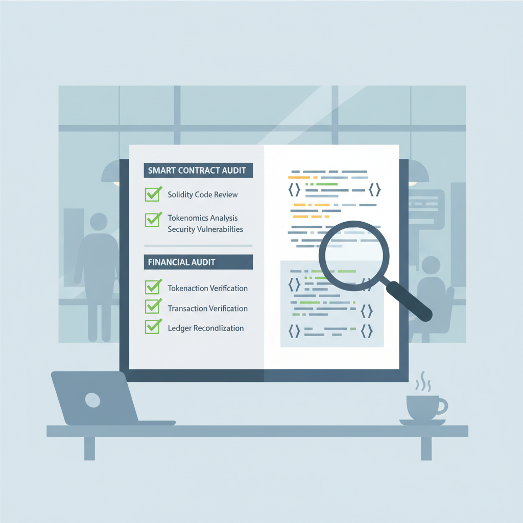 crypto audit report document with checkmarks, magnifying glass, blockchain code snippets, professional office setting