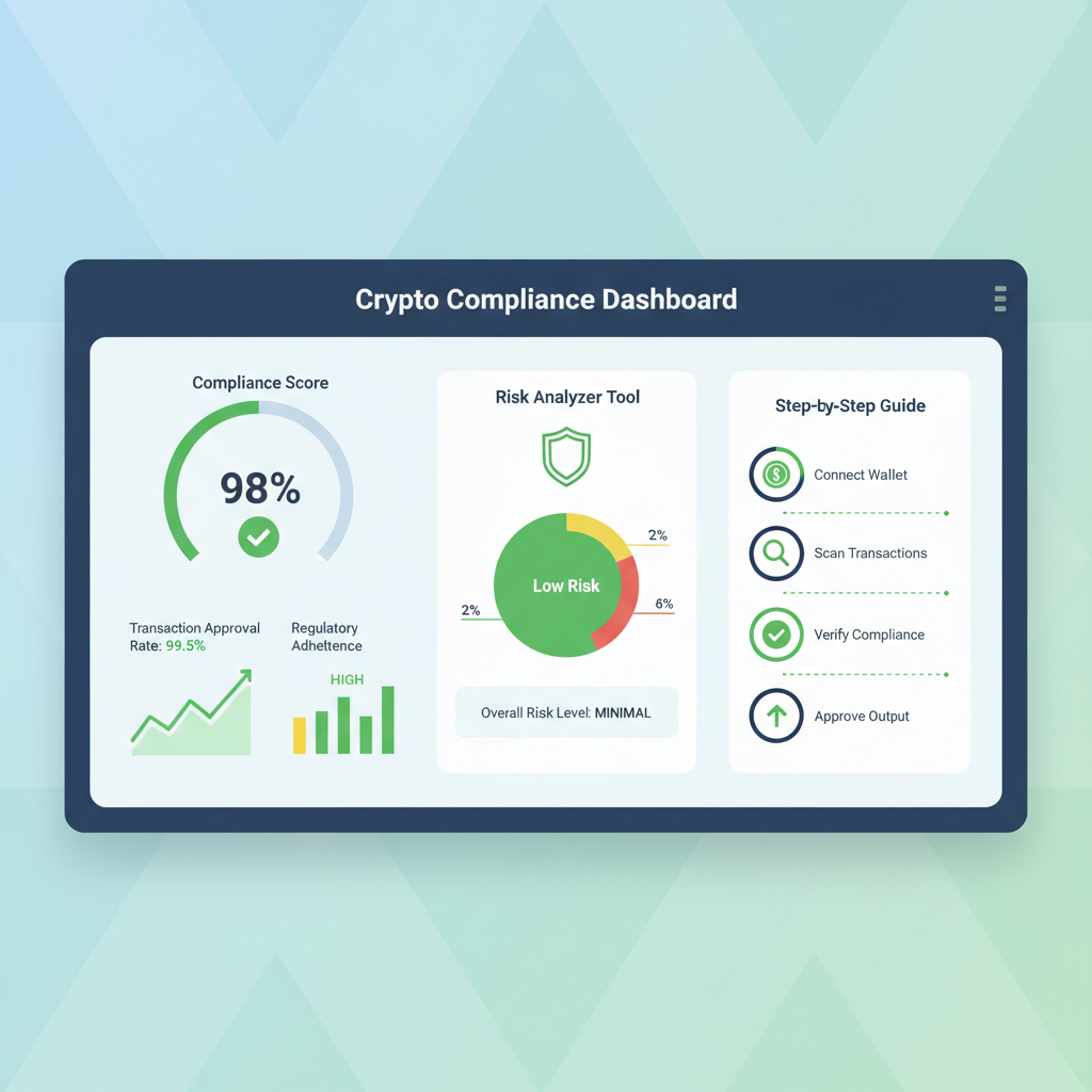 dashboard showing high compliance score for crypto output, graphs metrics green, risk analyzer tool, modern UI design