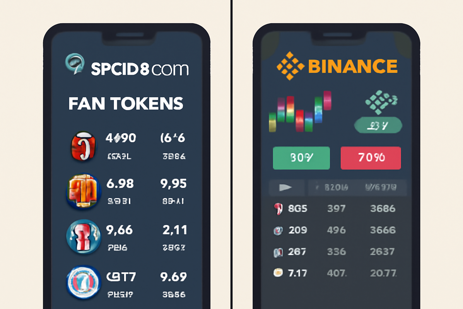 A split screen showing the Socios.com app on one side and the Binance trading interface on the other, both displaying soccer fan tokens.