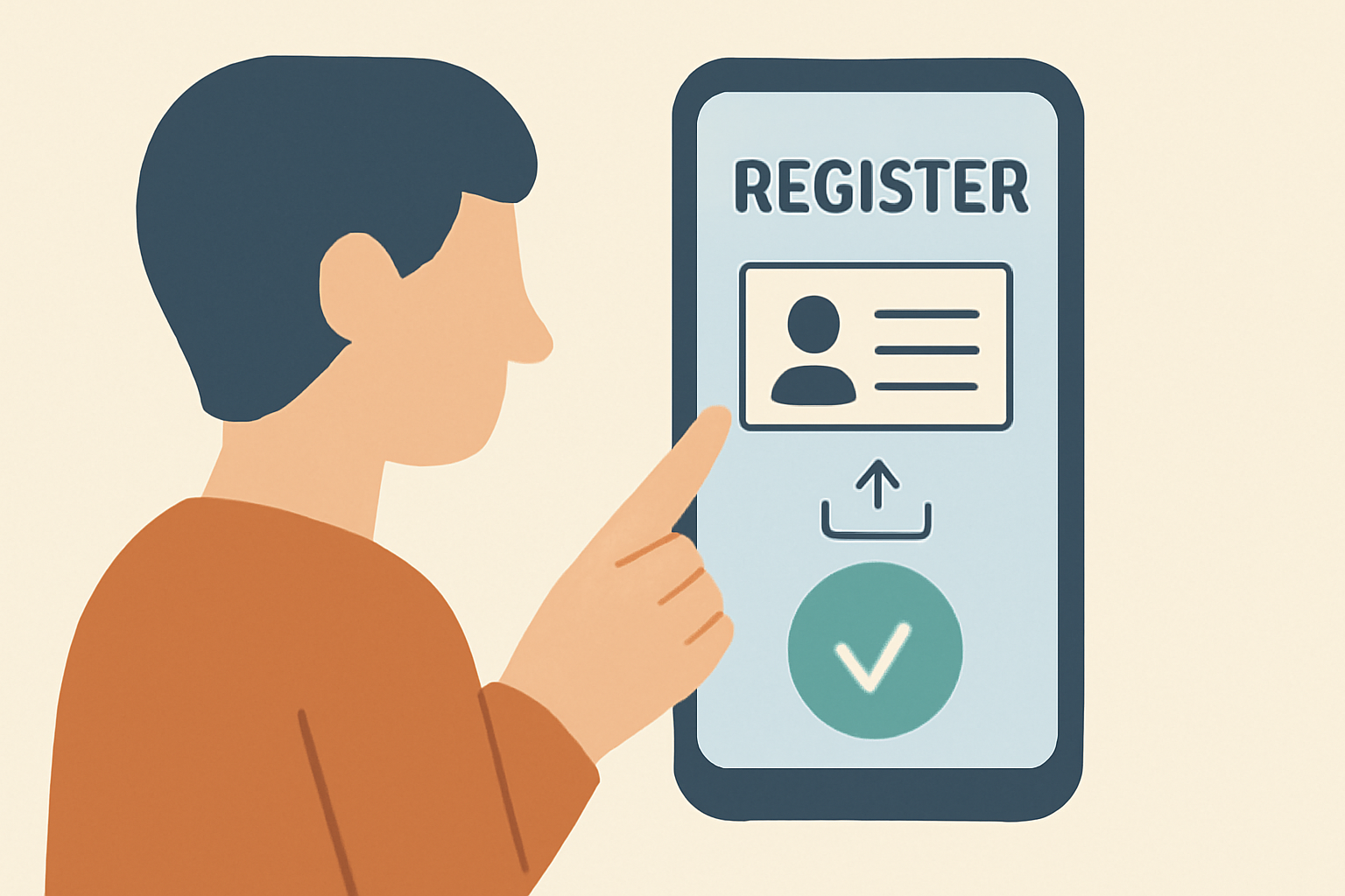 A person using a smartphone to register on an app, uploading ID documents and receiving a verification checkmark.