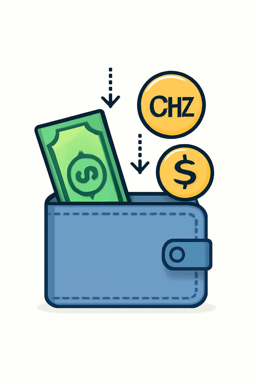 A digital wallet being topped up with cash and cryptocurrency symbols like USD and CHZ.