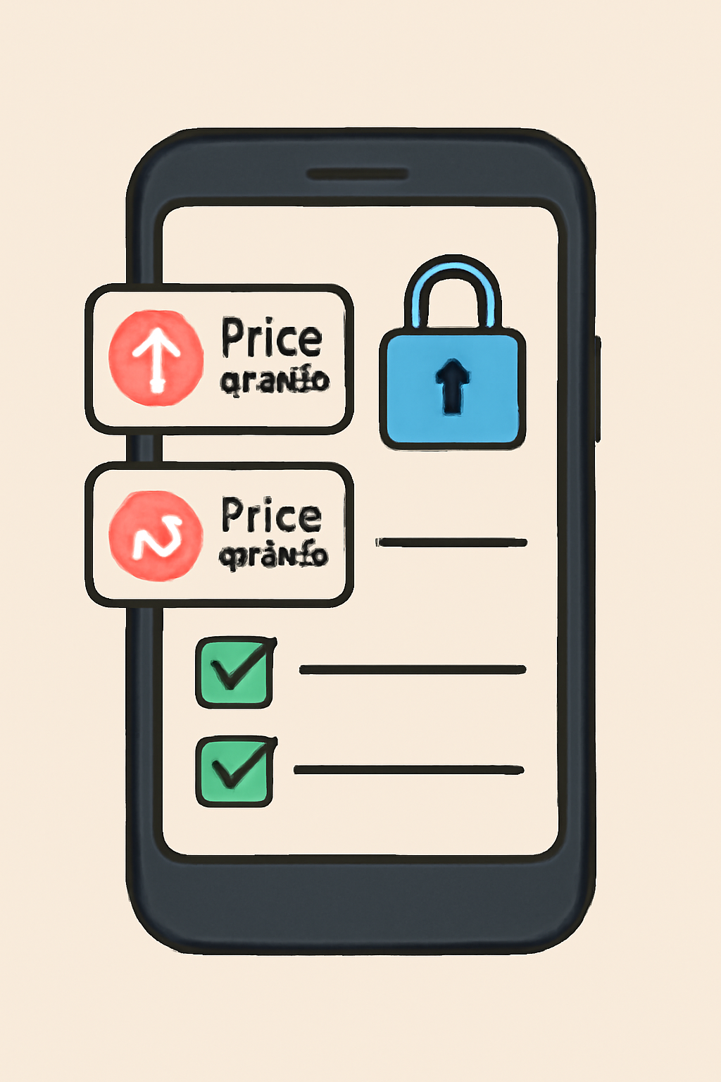 A smartphone with a lock symbol, notifications of price updates, and a checklist for security measures.