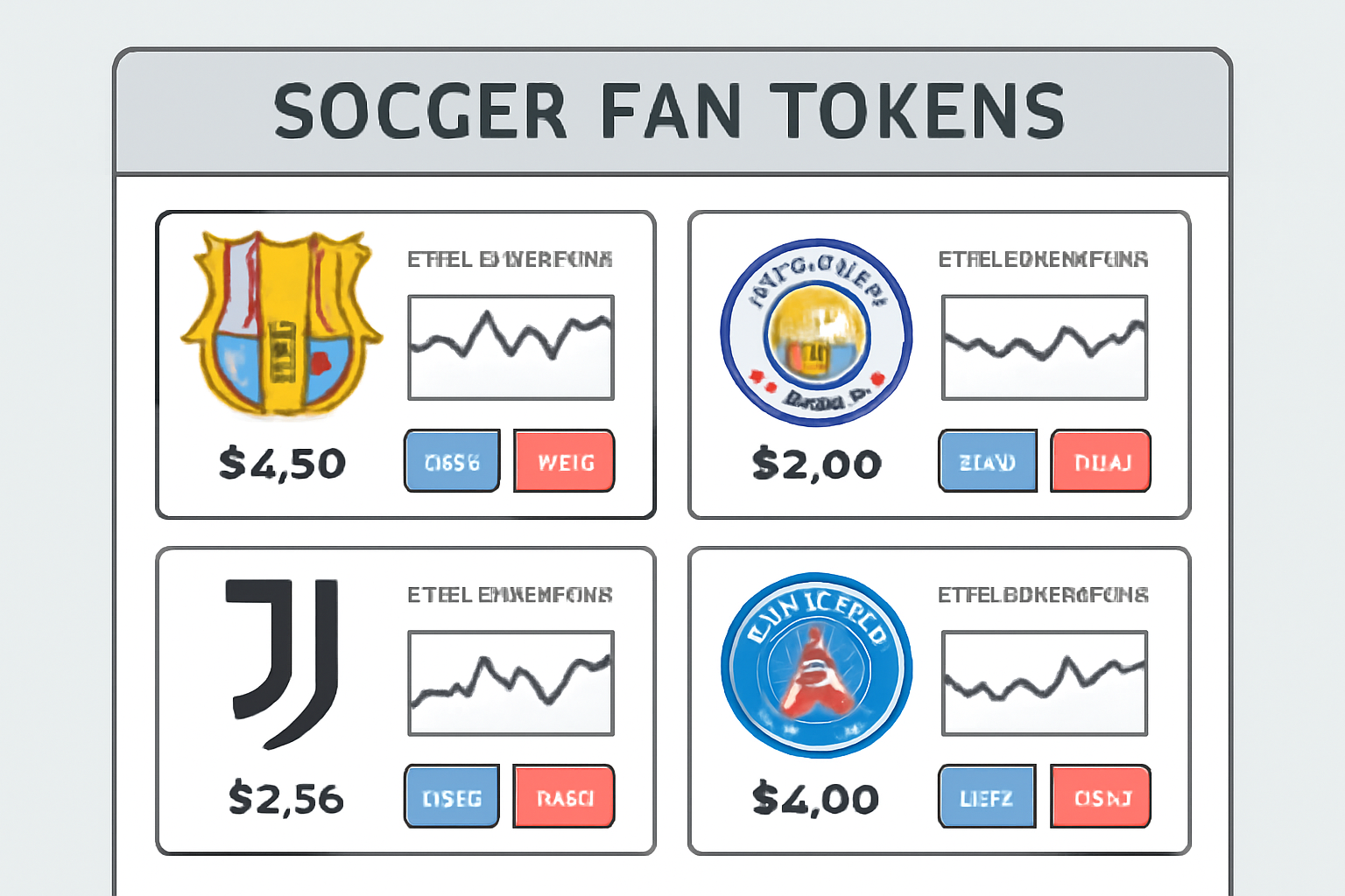 A digital dashboard showing live price charts of various soccer fan tokens and buy/sell buttons.