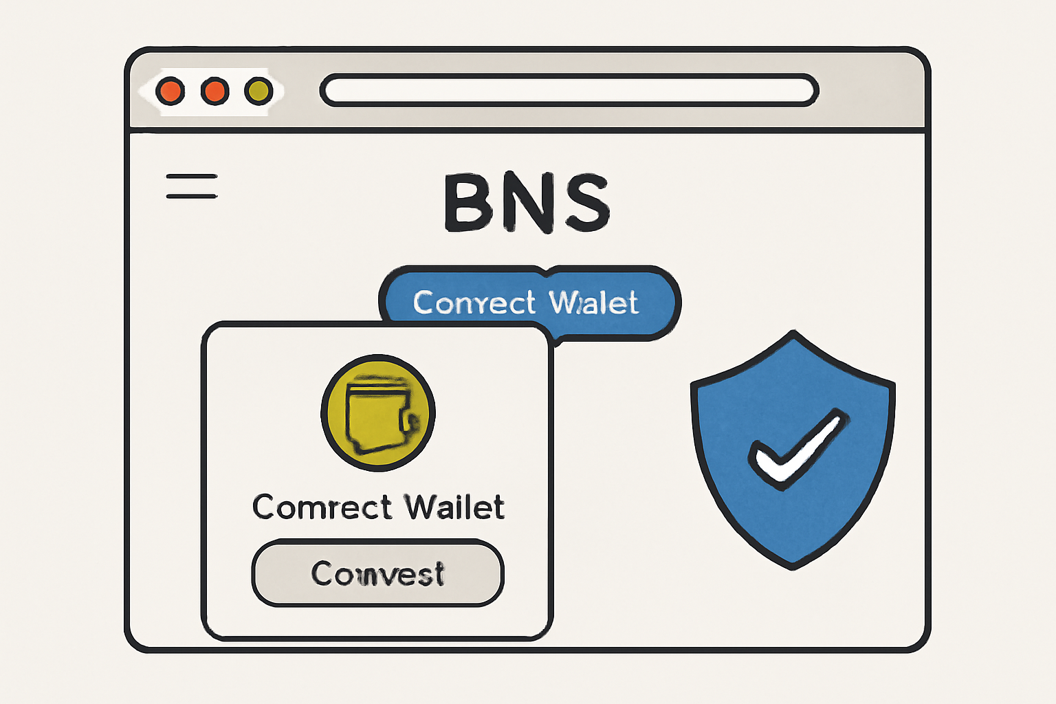 A browser window displaying the BNS homepage, with a wallet connection popup and a shield icon for security.