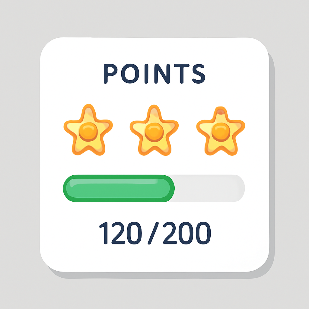 A digital dashboard showing point accumulation, with stars or tokens representing points and a progress bar.