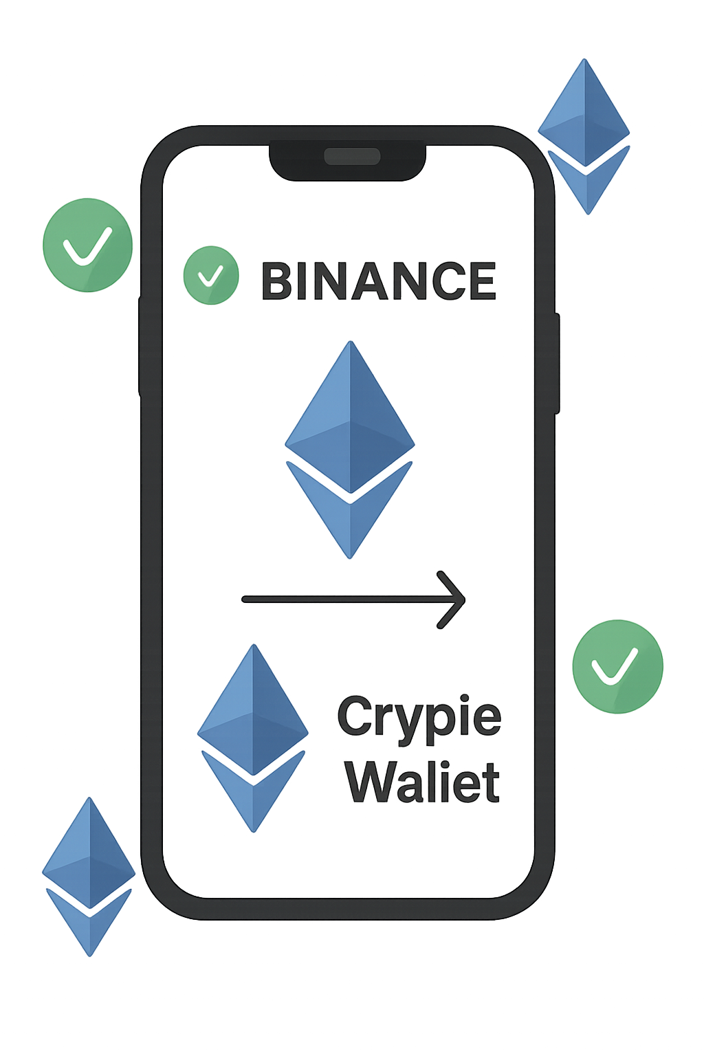 A smartphone showing ETH being transferred from Binance to a crypto wallet, with ETH logos and confirmation checkmarks.