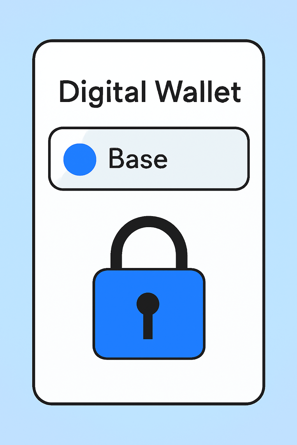 A digital wallet app interface displaying the Base network selection, with a secure lock icon.