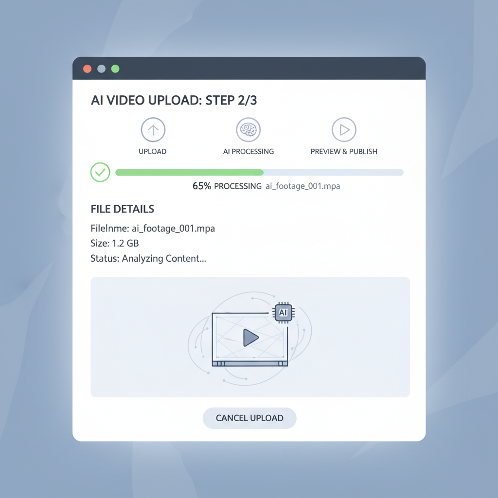 professional dashboard uploading AI video file, modern UI with progress bar