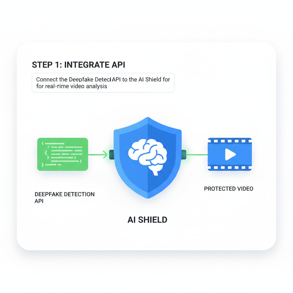 integrating deepfake detection API, code interface with AI shield protecting video