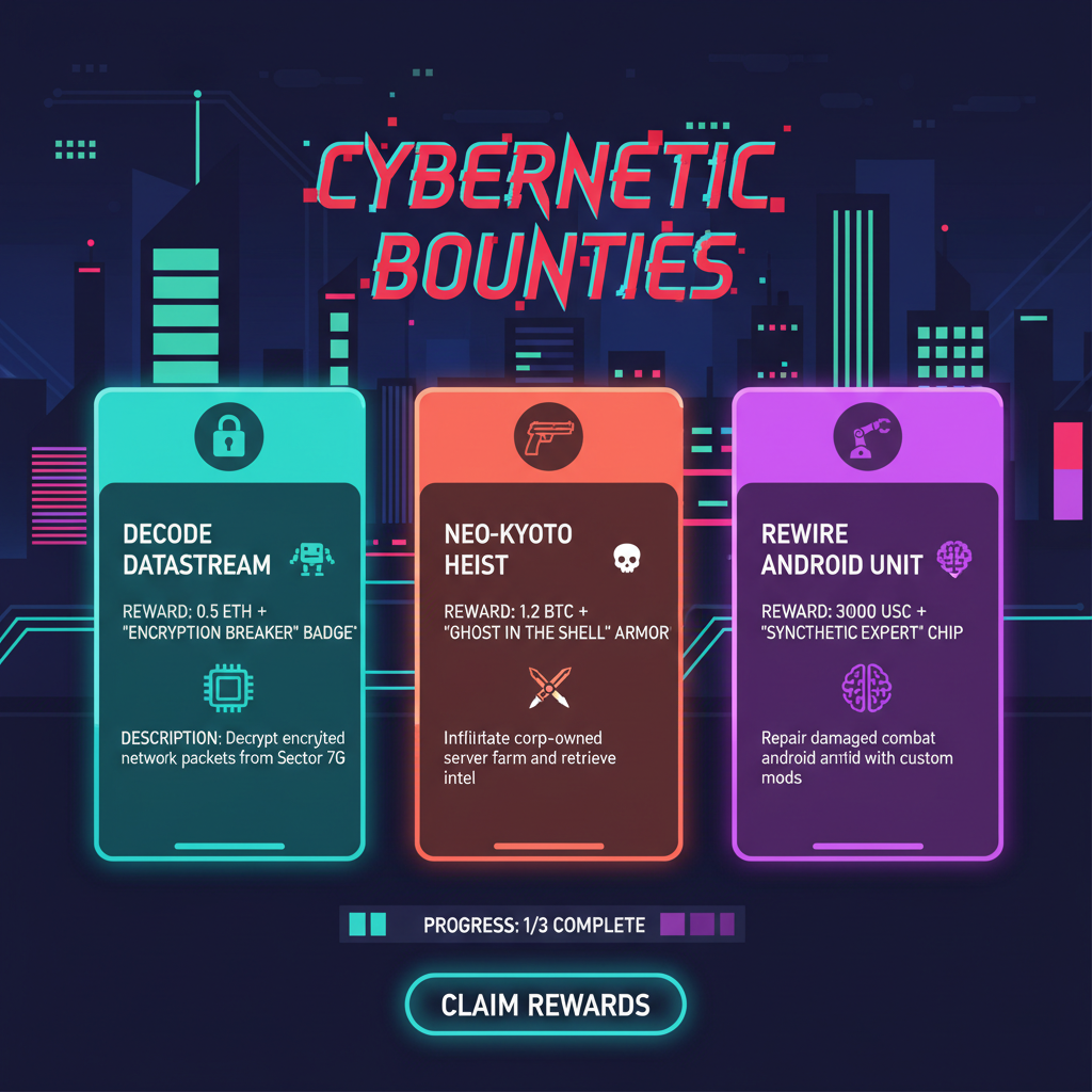 bounty task list on web3 site, cards with rewards and descriptions, cyberpunk style