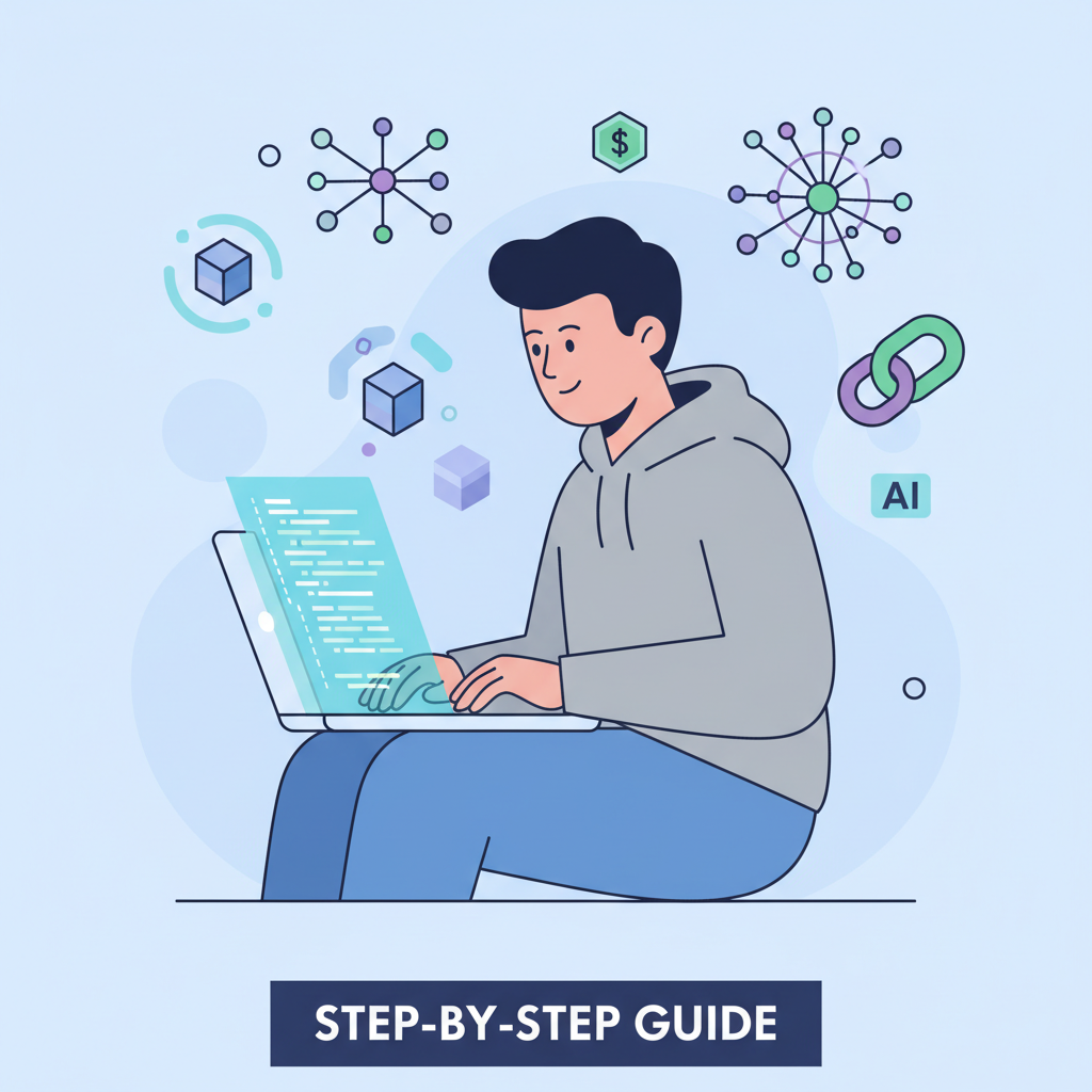 developer coding on laptop, blockchain icons and AI neural networks floating