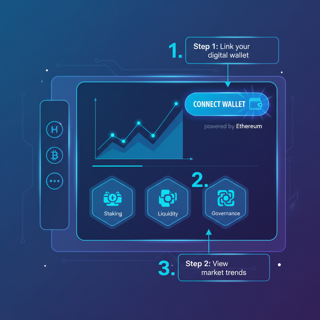 sleek web3 platform dashboard with wallet connect button, futuristic UI, neon blues