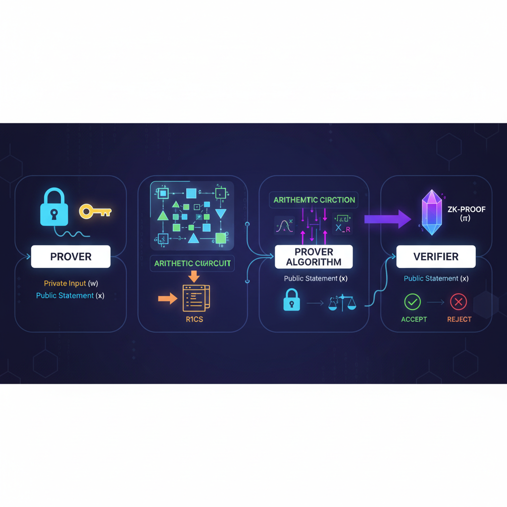 generating zk proof visualization, cryptographic circuits glowing, dark tech background