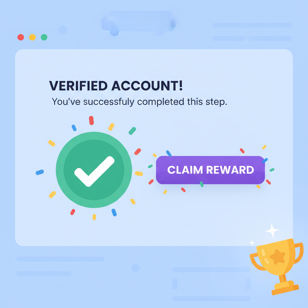 dashboard showing verified check and reward claim, confetti effects, triumphant vibe