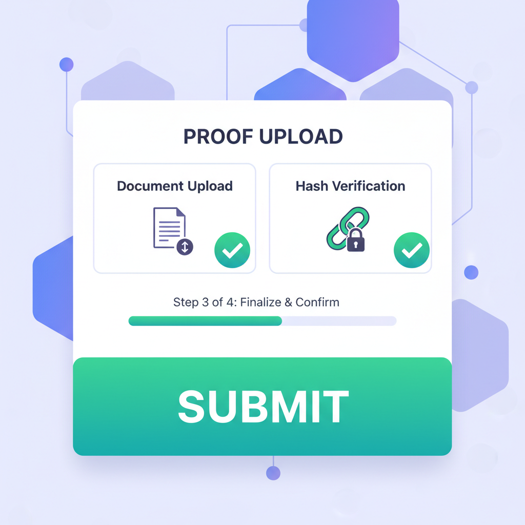 submit button on blockchain platform, proof upload interface, green checkmarks