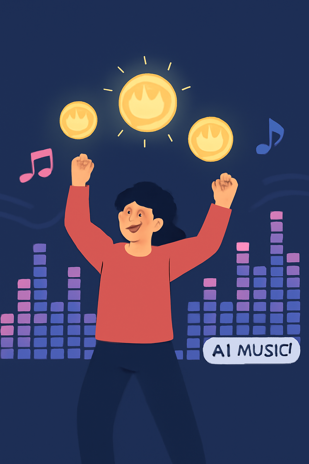 triumphant user claiming glowing royalty tokens amid AI music visualization