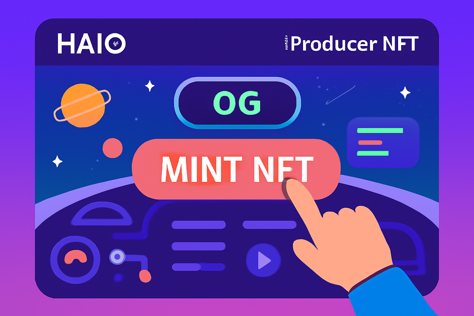 vibrant web page with HAiO iProducer NFT mint button on futuristic 0G dashboard