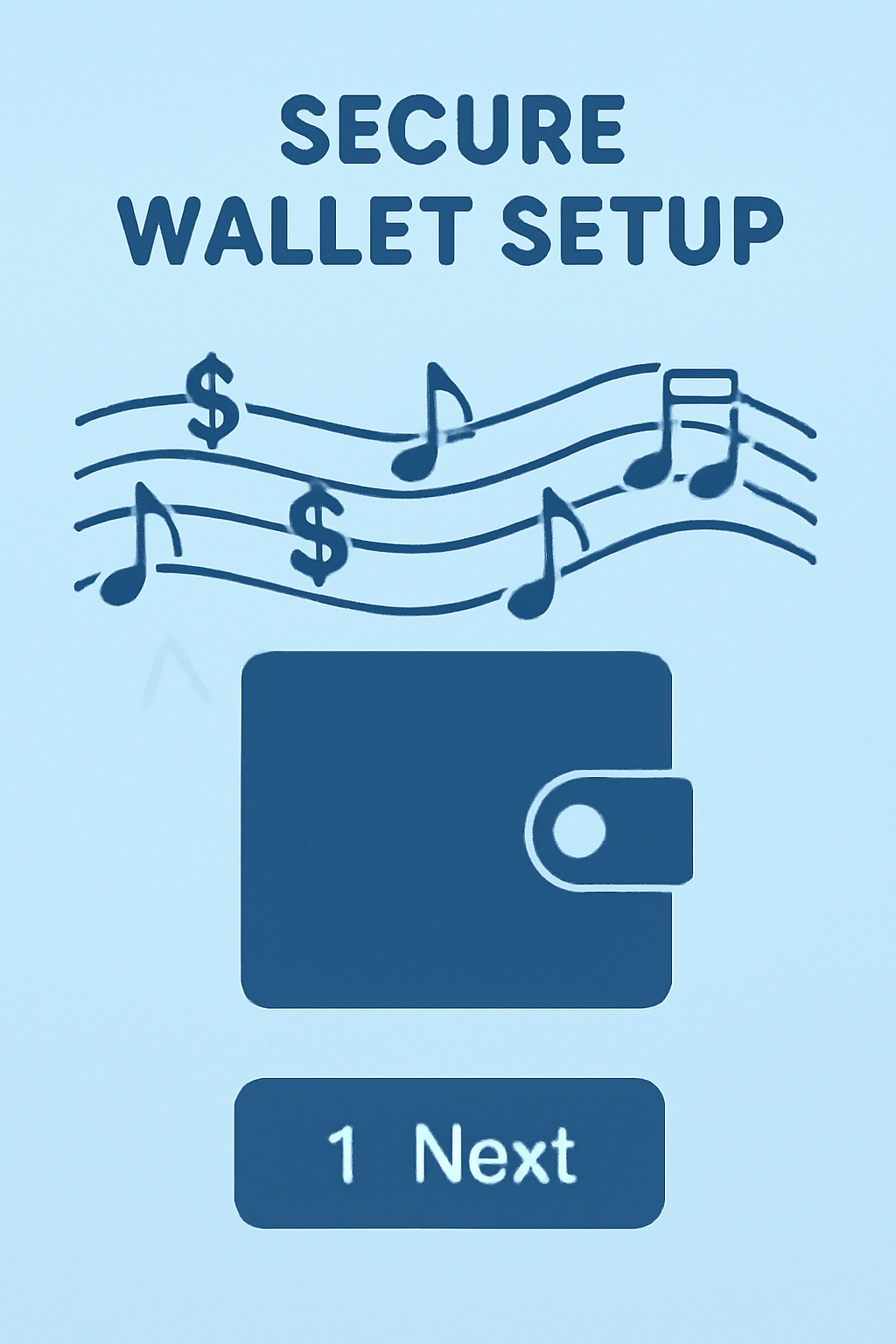 secure wallet setup interface with royalty streams flowing like music notes