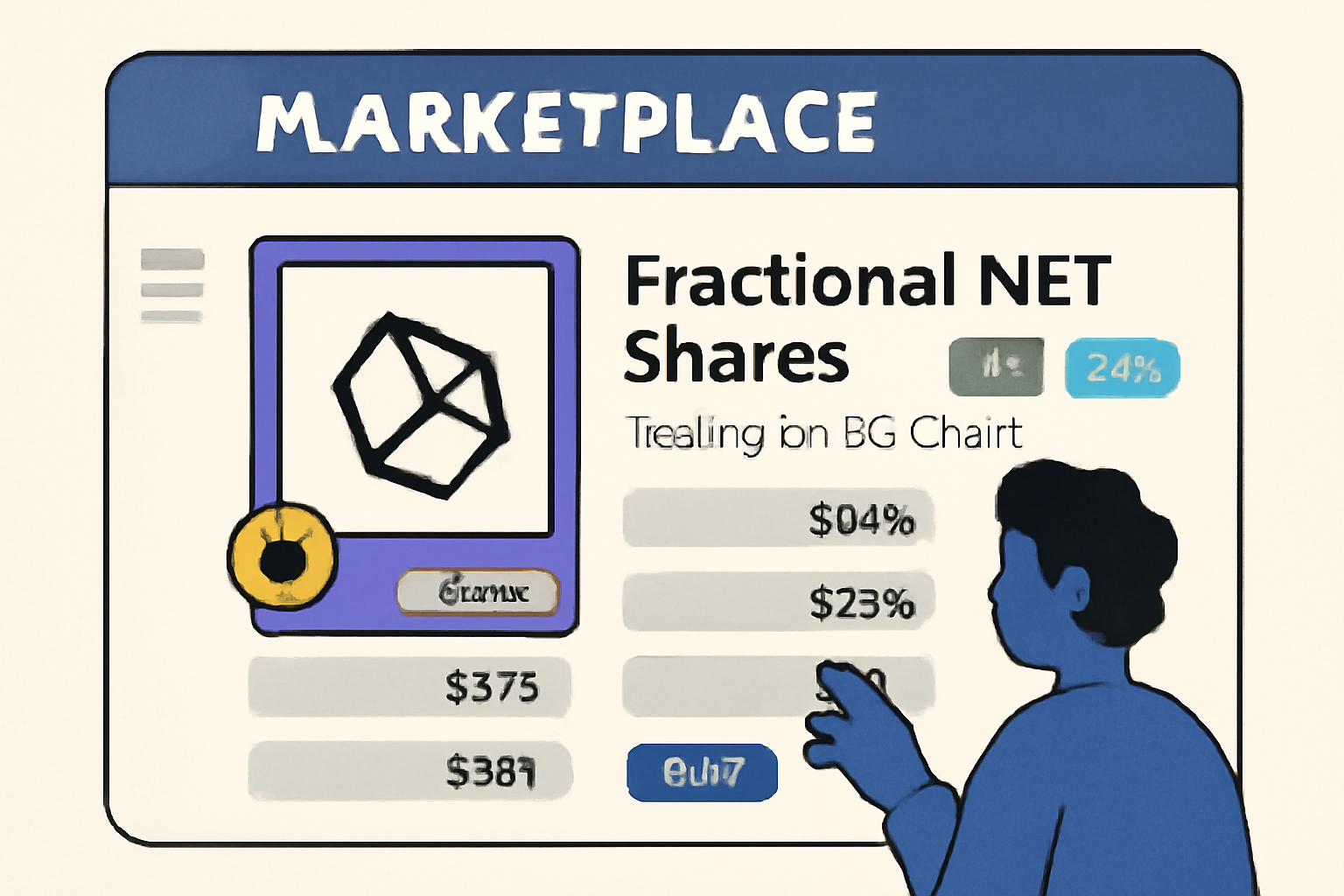 dynamic marketplace screen showing fractional NFT shares trading on 0G chain