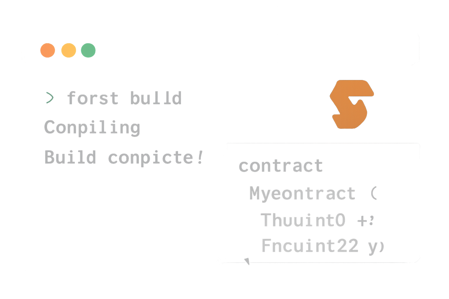 terminal window running forge build command, Foundry logo, Solidity code snippet with FHE types, dark dev theme
