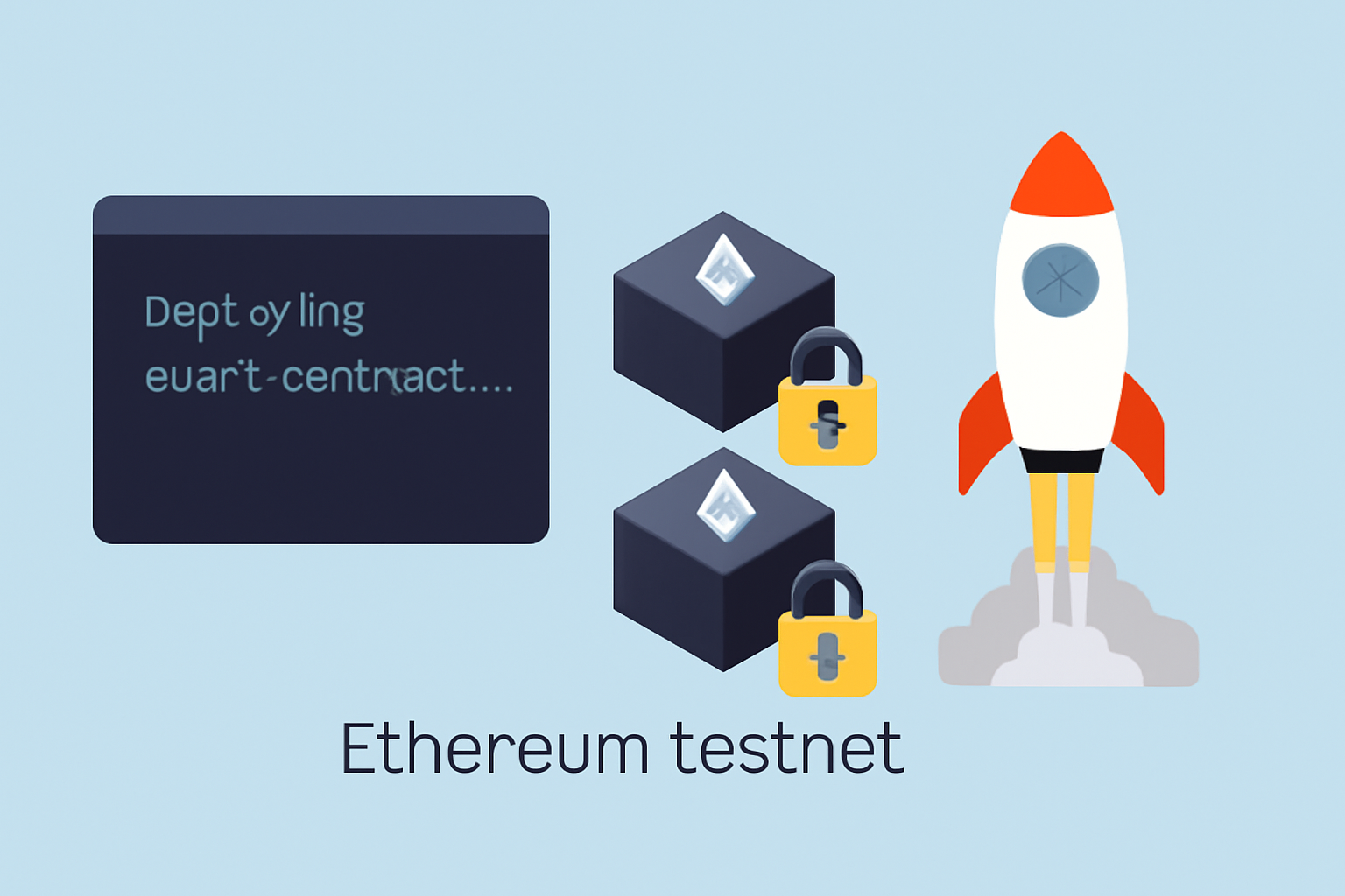 smart contract deployment script in terminal, Ethereum testnet blocks with encryption padlock, rocket launching