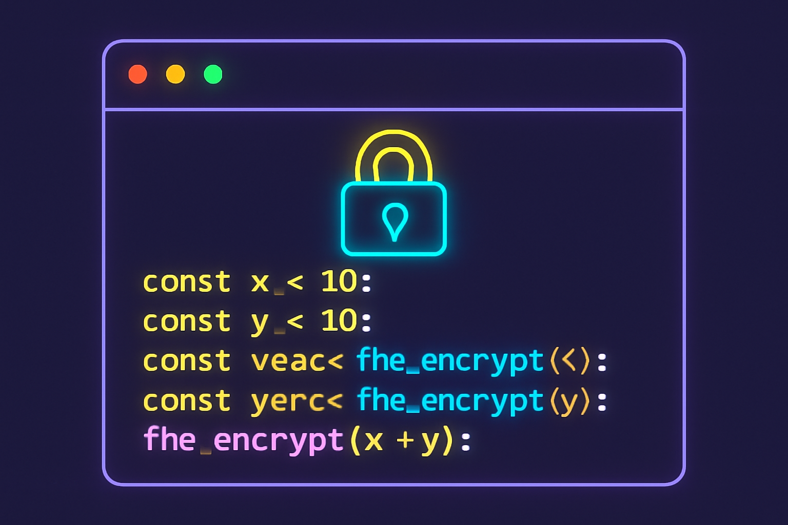 JavaScript code snippet encrypting numbers with FHE, glowing padlock over JS console, neon code style