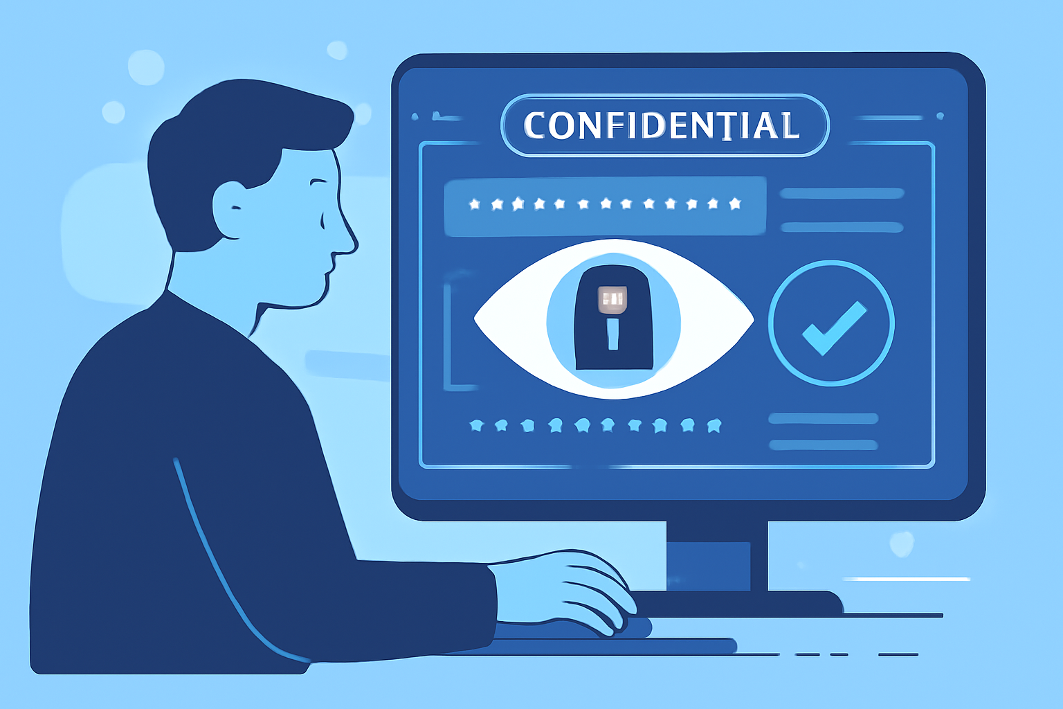owner decrypting confidential data on screen, eye icon unlocking padlock, success checkmark, futuristic UI