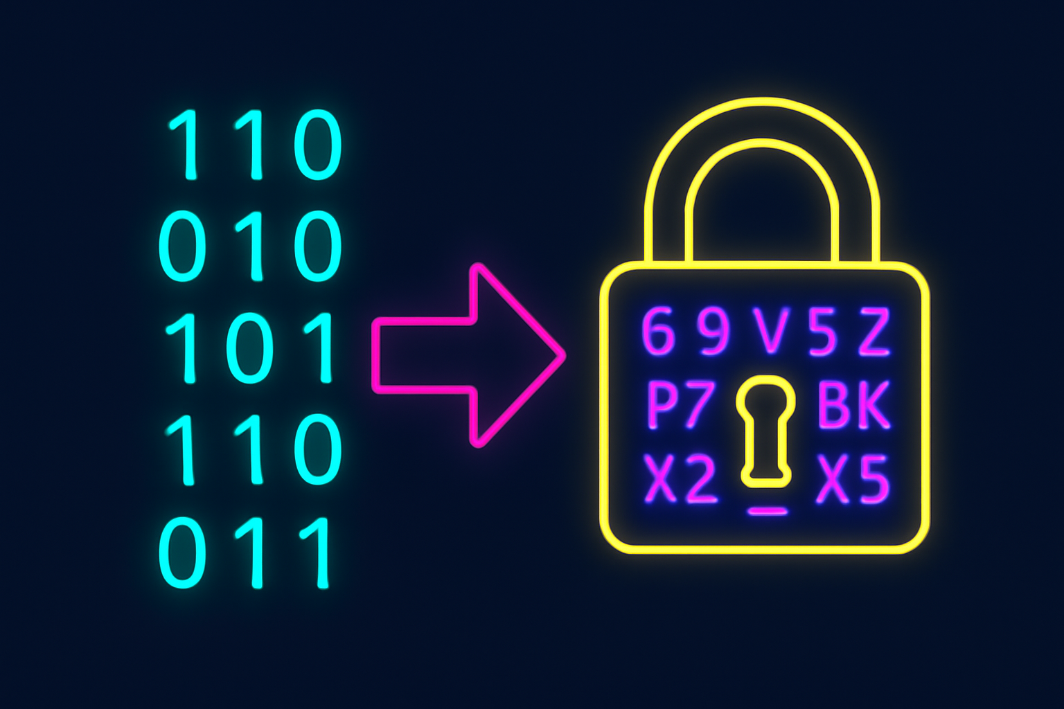 data transforming into padlock ciphertexts, numbers flowing into encryption vault, vibrant neon