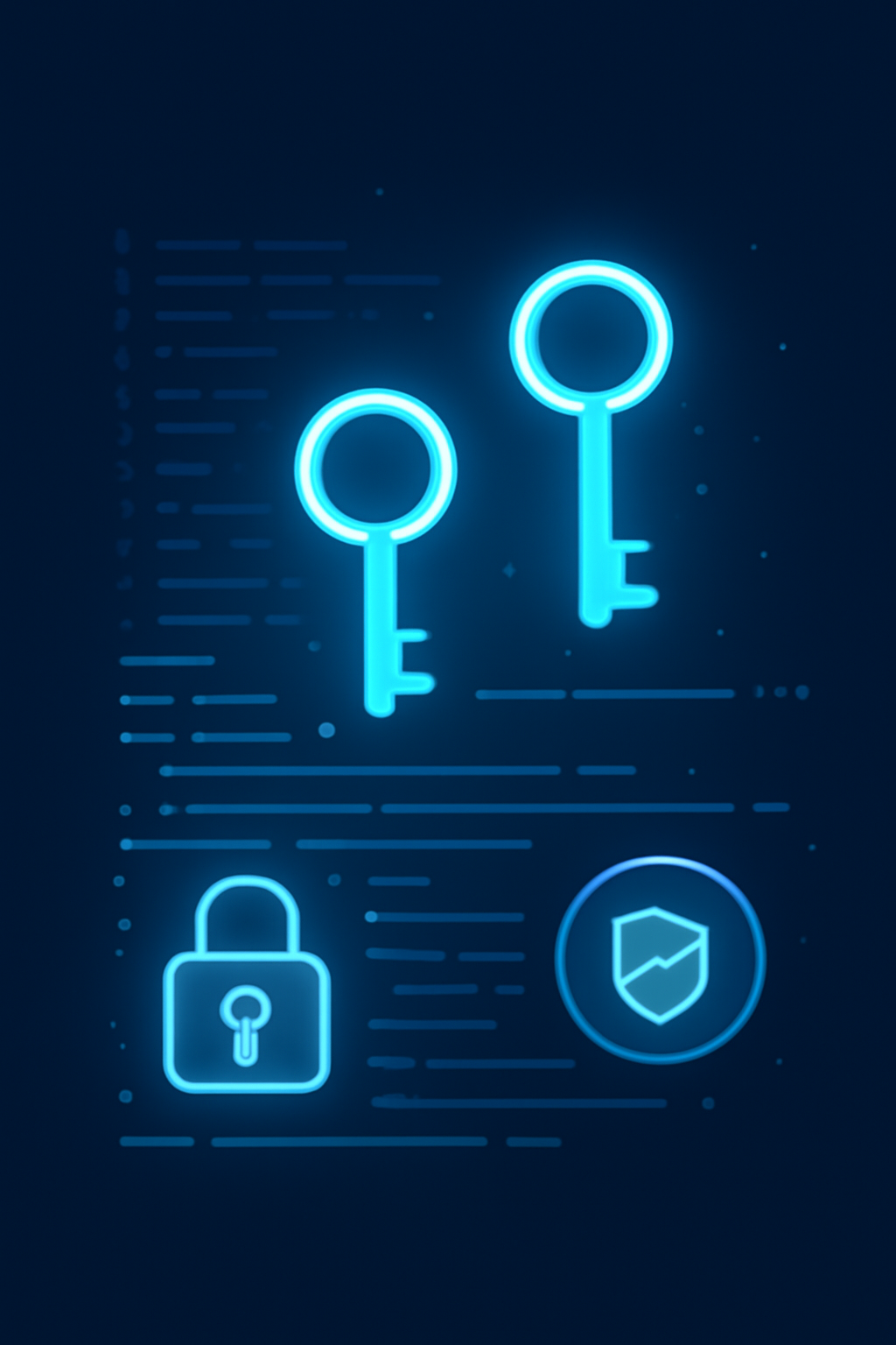 glowing key pair icons emerging from code, encryption symbols, futuristic blue tones