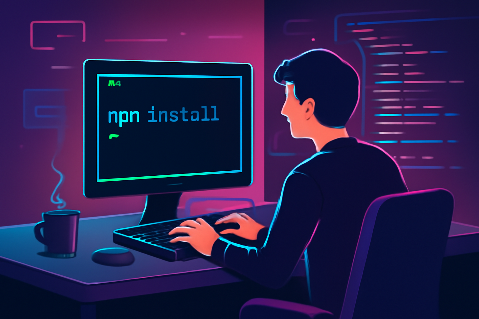 developer at desk typing npm install in terminal, modern UI, code glowing, cyberpunk style