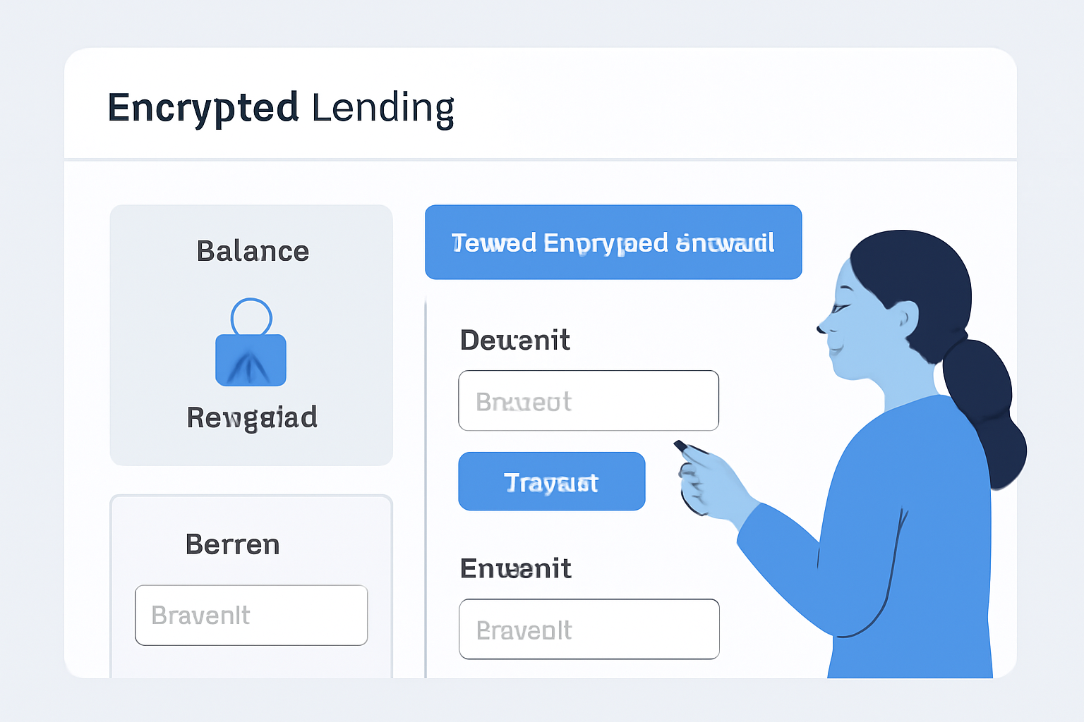 modern web app UI with encrypted lending dashboard, user input forms, reveal decrypted balance button