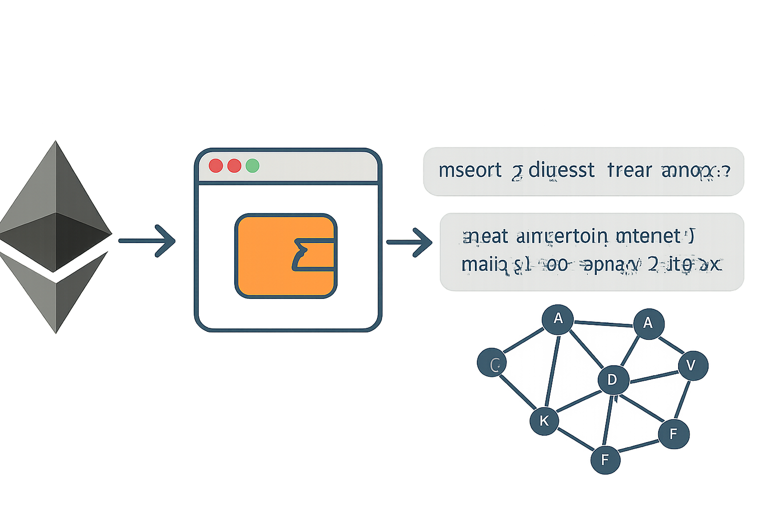 ethereum logo connecting to browser wallet, ethers.js code snippet, blockchain network visualization