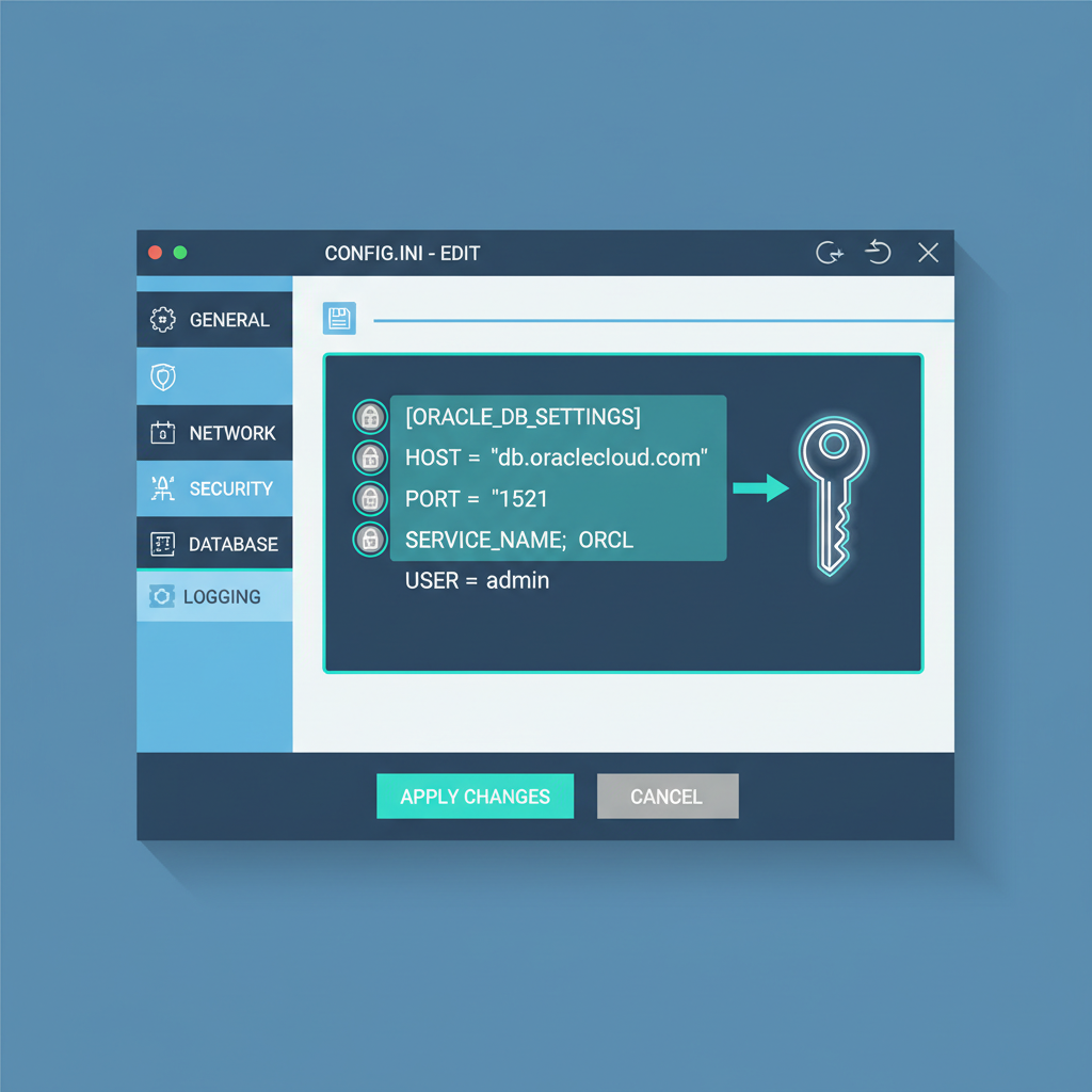 config file editing screen with oracle settings highlighted, locks and keys icons, futuristic UI