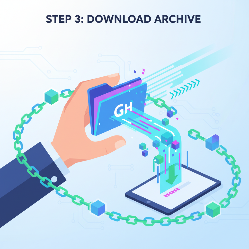 hand downloading glowing software archive from GitHub, blockchain chains linking, high-tech download speed lines