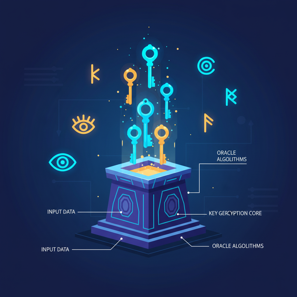 digital key generation forge with glowing keys emerging, oracle symbols, mystical cyber forge
