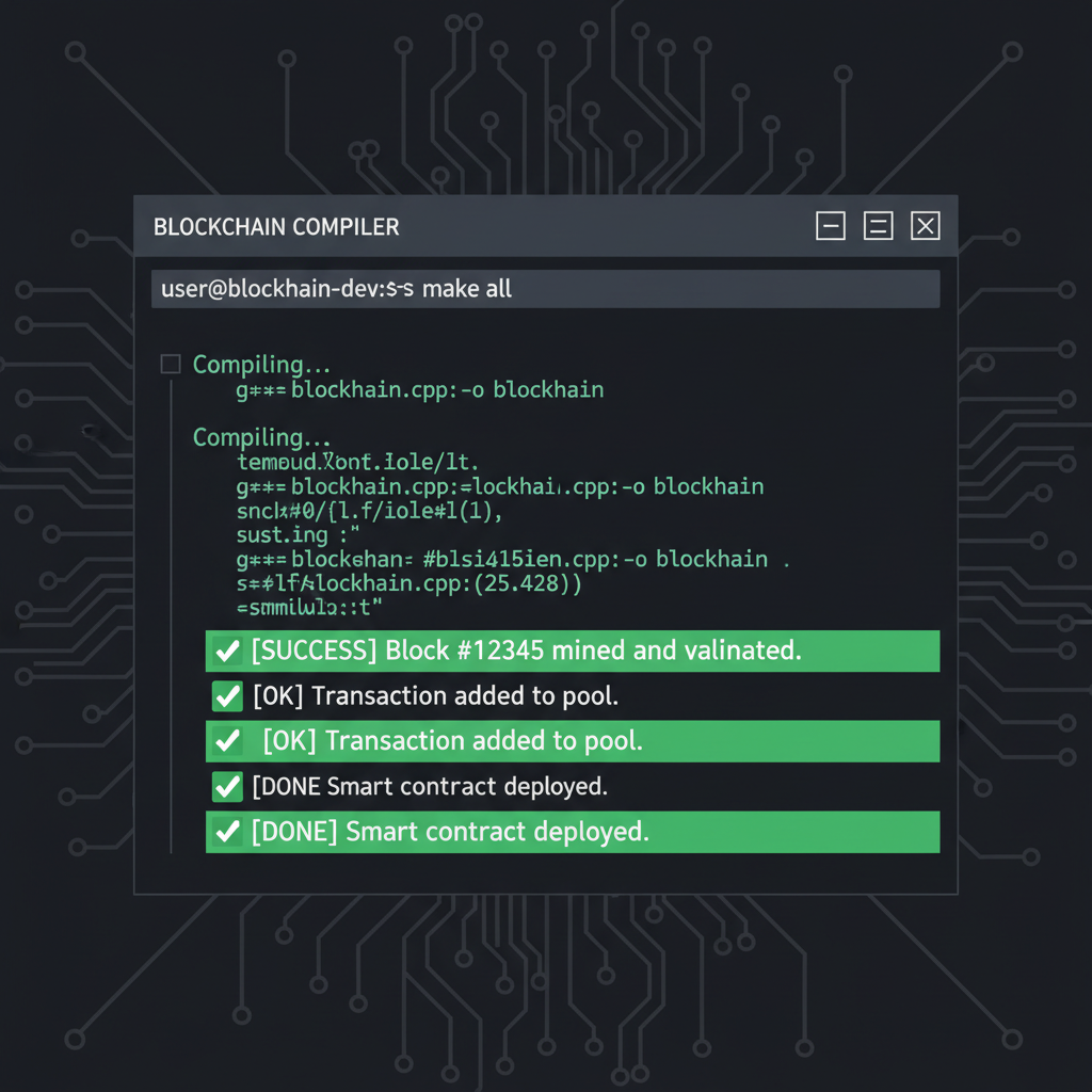 terminal window compiling blockchain code, green success logs scrolling, dark hacker theme