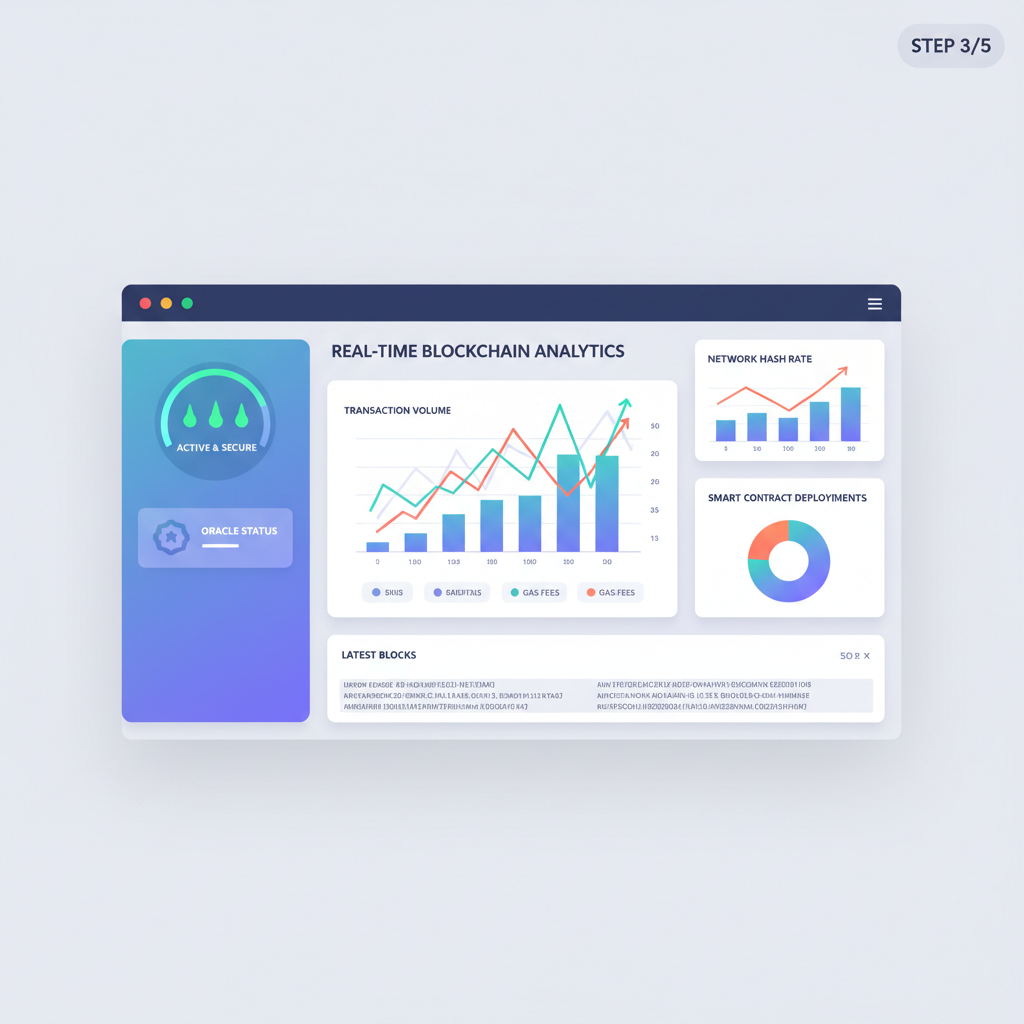 dashboard with real-time blockchain stats, graphs spiking, oracle status green lights, modern analytics UI