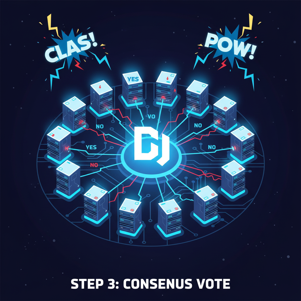 group of 15 oracle nodes voting in consensus circle, lightning votes, DigiByte logo center, epic battle