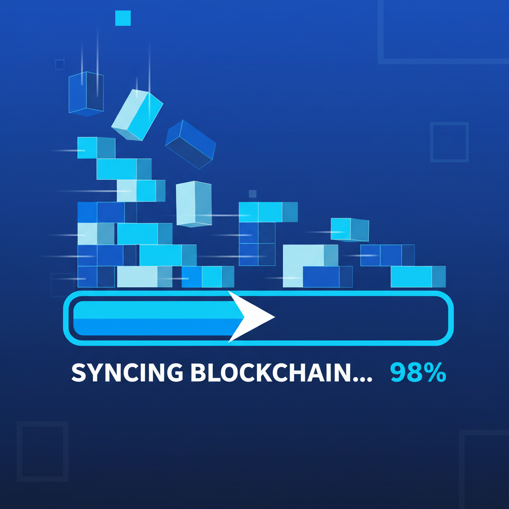 blockchain syncing progress bar filling rapidly, blocks stacking like tetris, electric blue energy