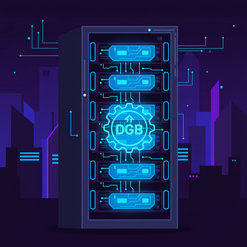 powerful server rack glowing with blockchain nodes, neon blue DigiByte logo, cyberpunk vibe