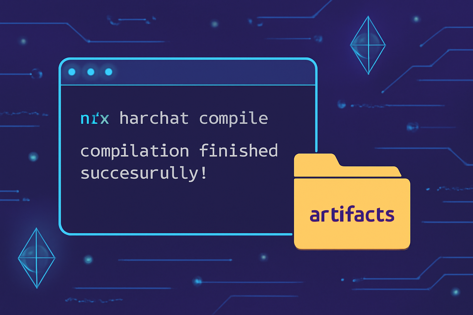 terminal output of npx hardhat compile succeeding, artifacts folder icon, futuristic blockchain theme